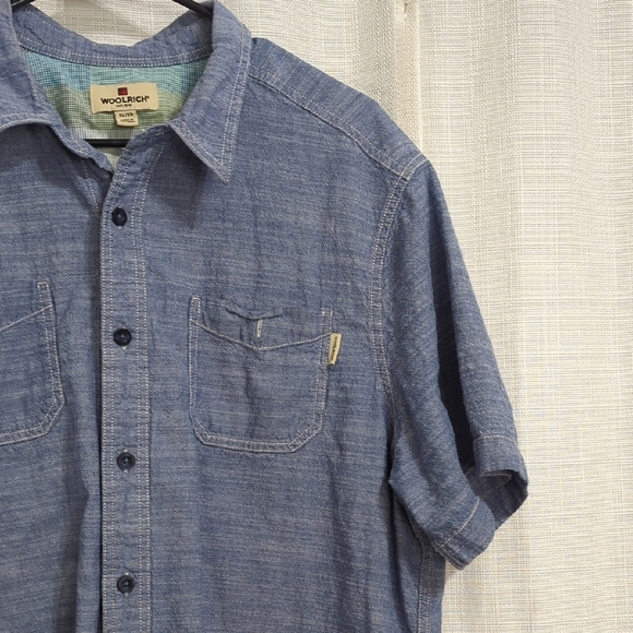 WOOLRICH Men's Buttom Down Shirt XL Blue Short Sleeve Collared Cotton - Picture 5 of 12